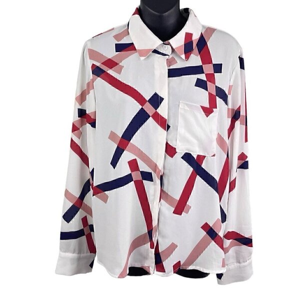 Lulus Camrose White Geometric Print Button-Up Long Sleeve Top Blouse Women’s M - Picture 1 of 12
